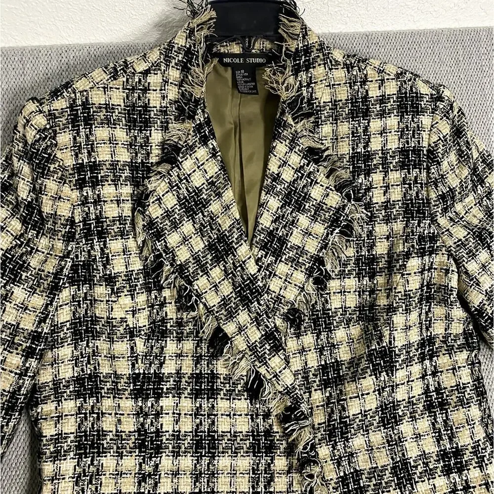 Nicole Studio Blazer Womens‎ 18 Cream/Black Plaid Tweed Fringe Boho Party